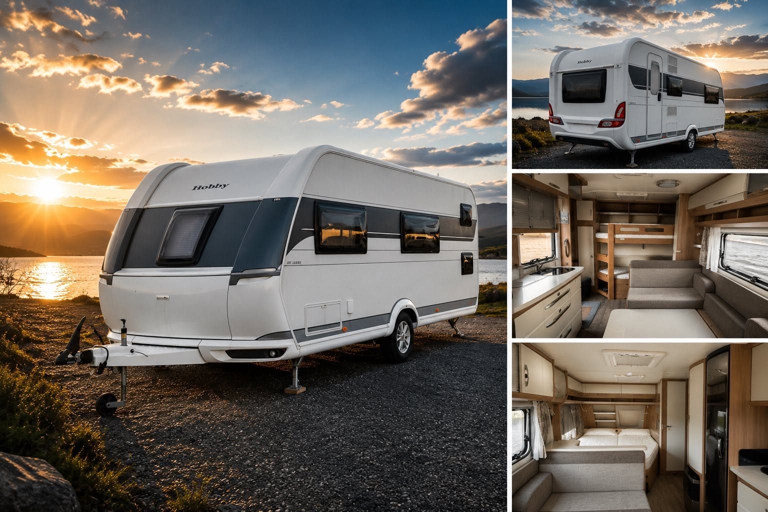 Hobby 560 KMFe De Luxe hjólhýsi Kargo í kvöldsól